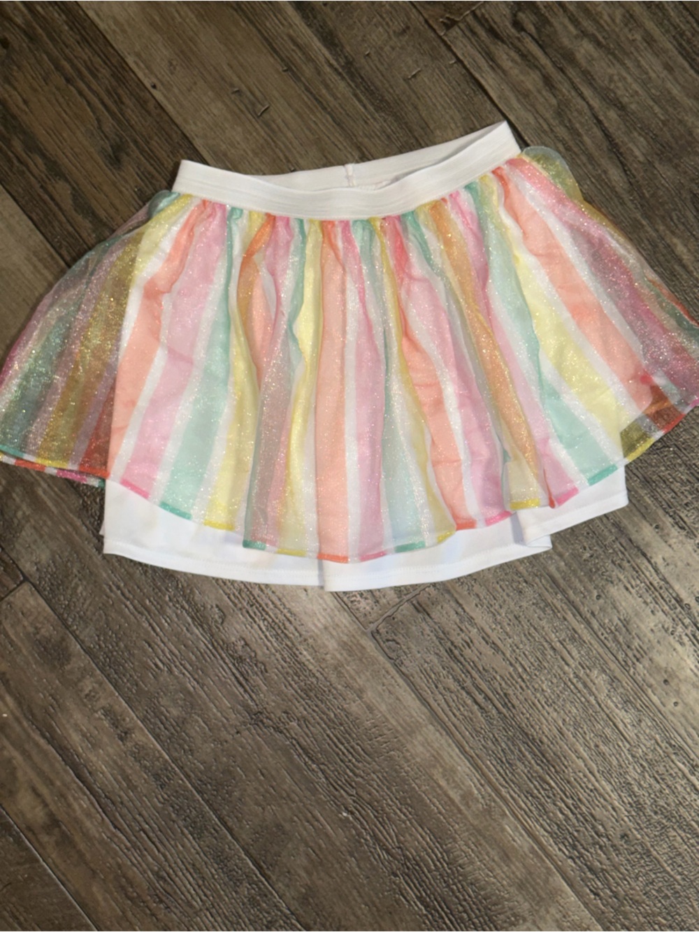 Girls White Skirt with Pastel Rainbow Striped Tulle